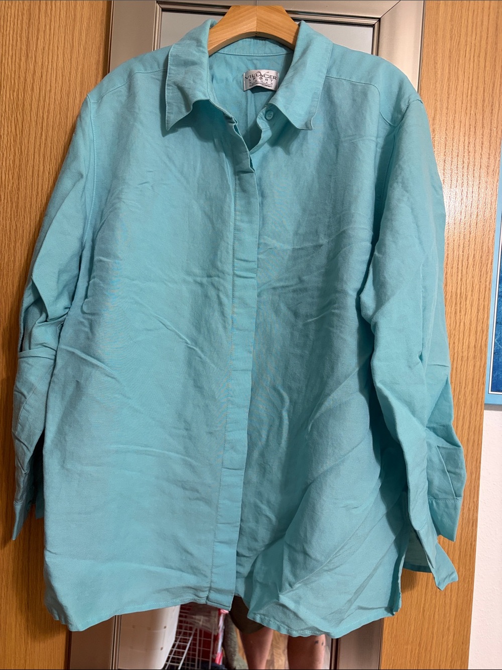 Villager Sport Liz Claiborne Light Teal Button-Up Linen Shirt size 2